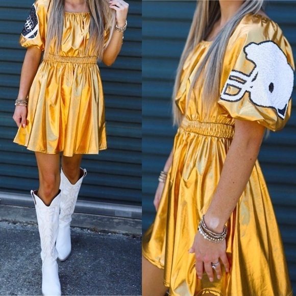 Fantastic Fawn Metallic Gold Sequin Helmet Puff Sleeve Touchdown Mini Dress - Picture 6 of 17